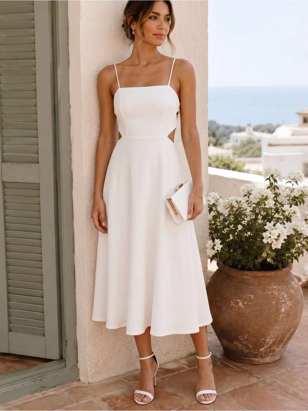 Wayf White Linen Side Cutout & Bow Midi Dress